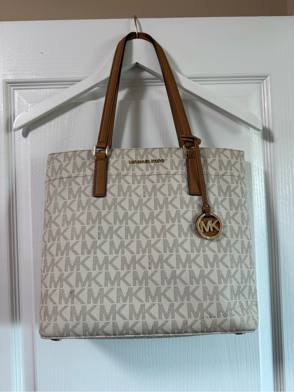 Michael Kors Beige Signature MK Tote with Brown Straps